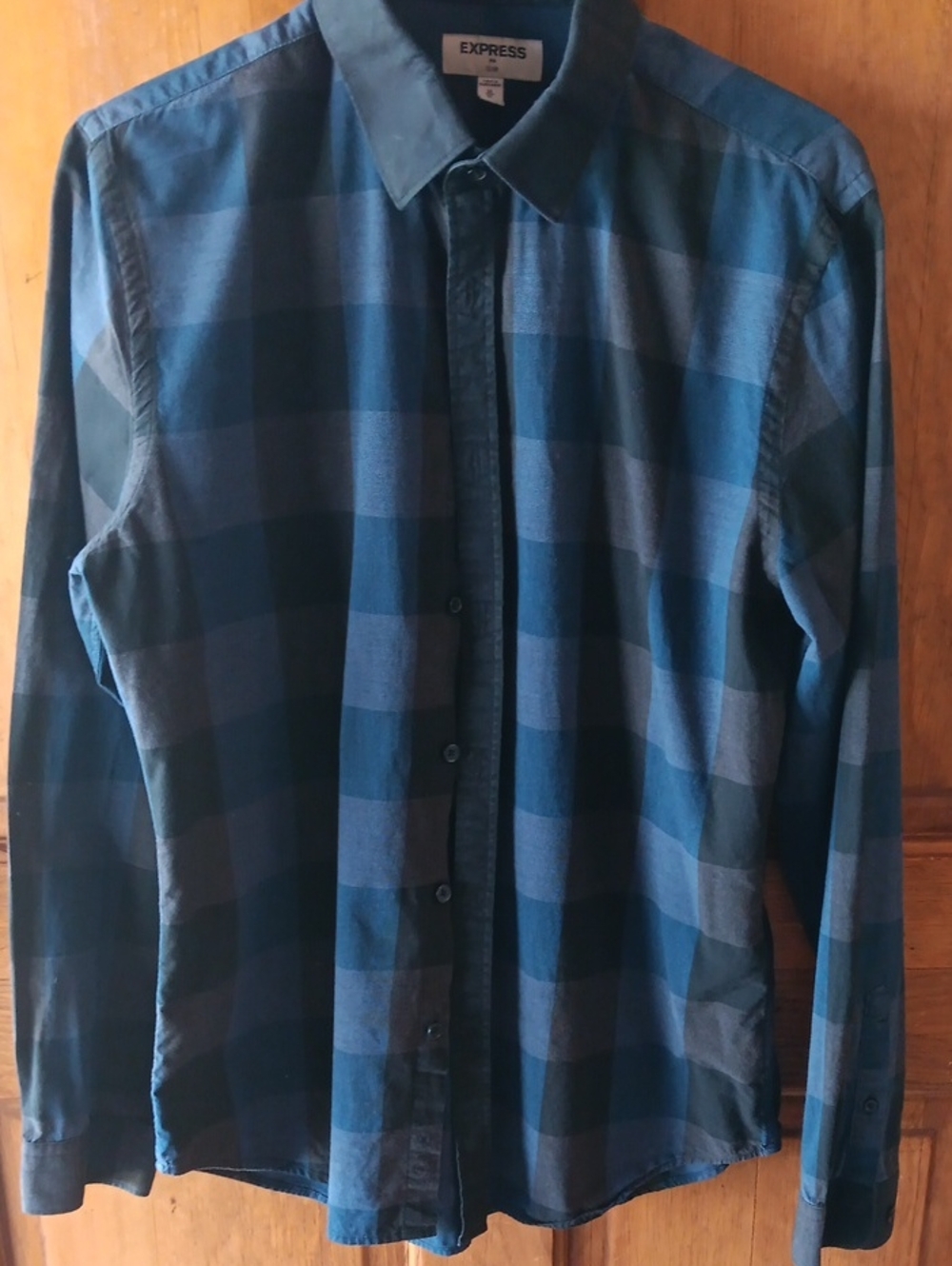 Express Men's Black and Navy Plaid Button-Down Shirt